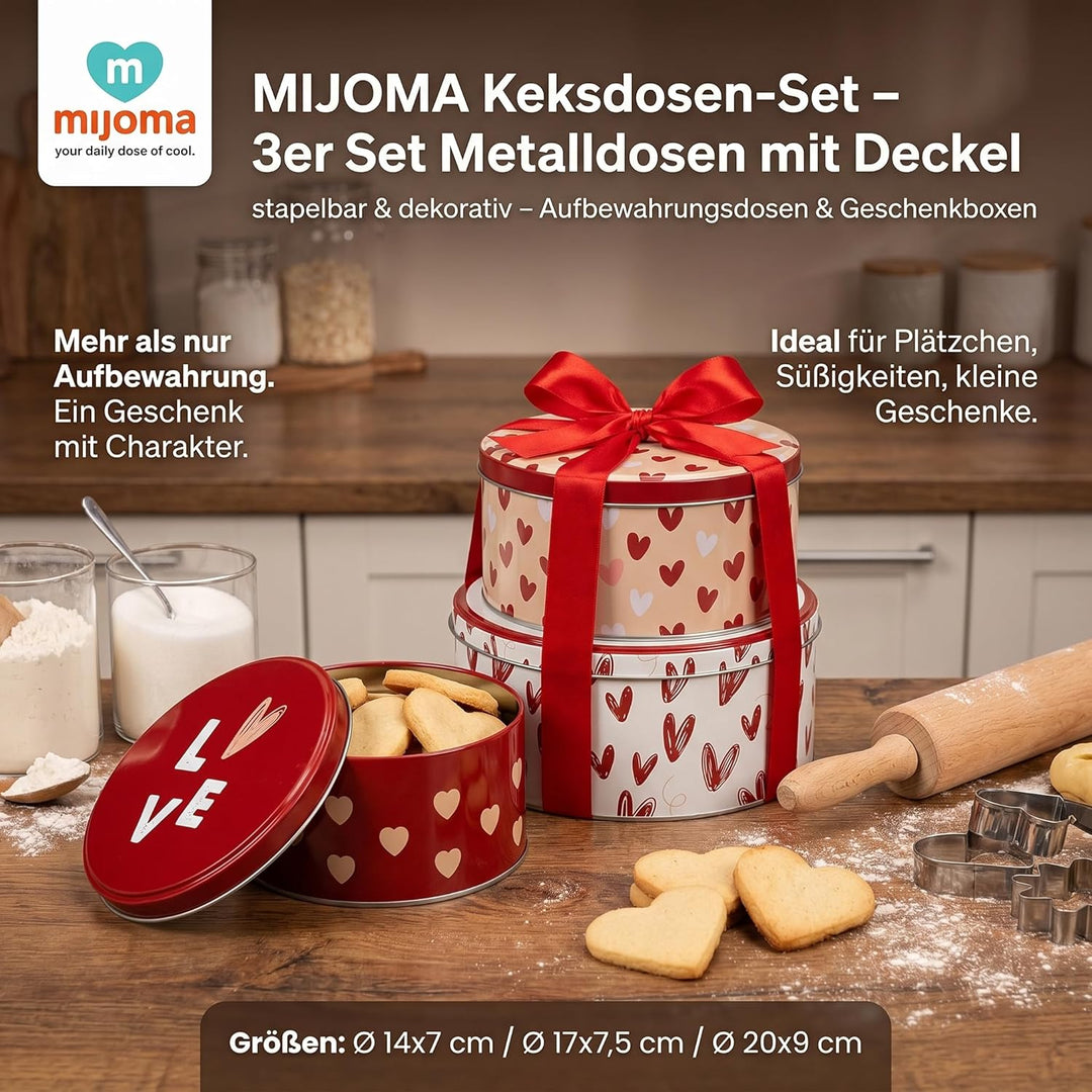 MIJOMA Keksdosen-Set – 3er-Set Metalldosen mit Deckel – runde Dosen mit Motiv – stapelbar & dekorati