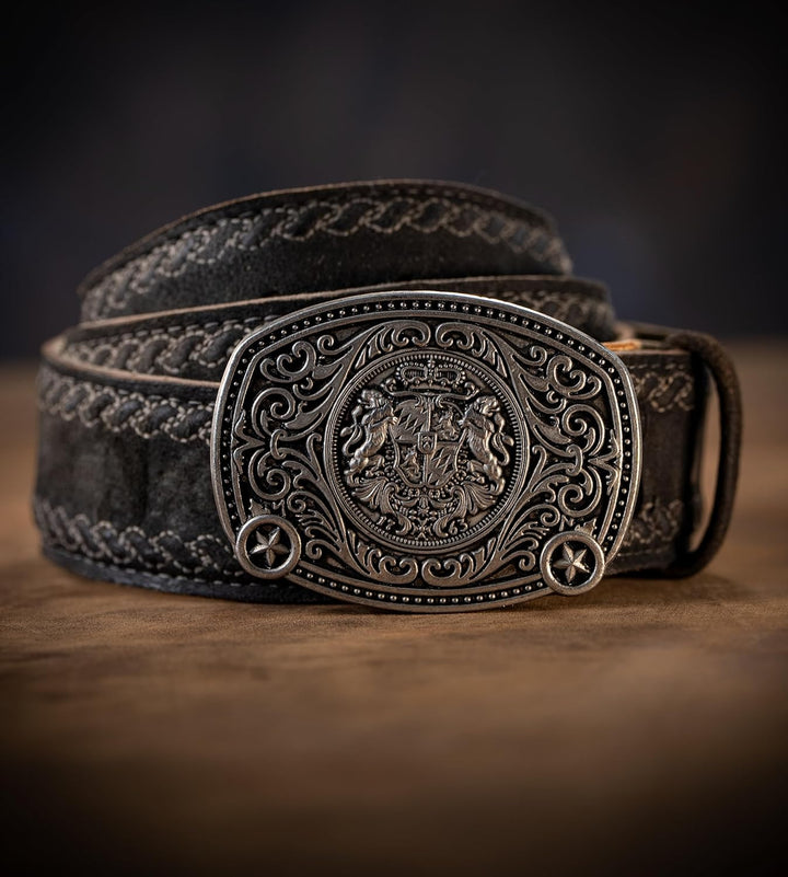 Herren Leder Trachtengürtel Alexander mit Stickereien - Lederhosen & Trachtenhosen Gürtel, 46-48 Bro