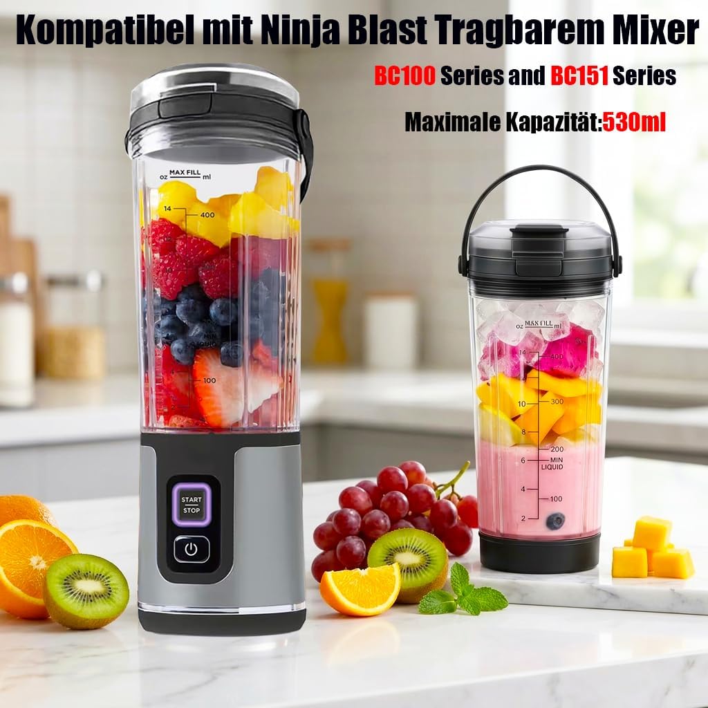530ml Ersatzbecher kompatibel mit Ninja Mixer Tragbarer Mixer, Mixgefäss mit auslaufsicherem Deckel