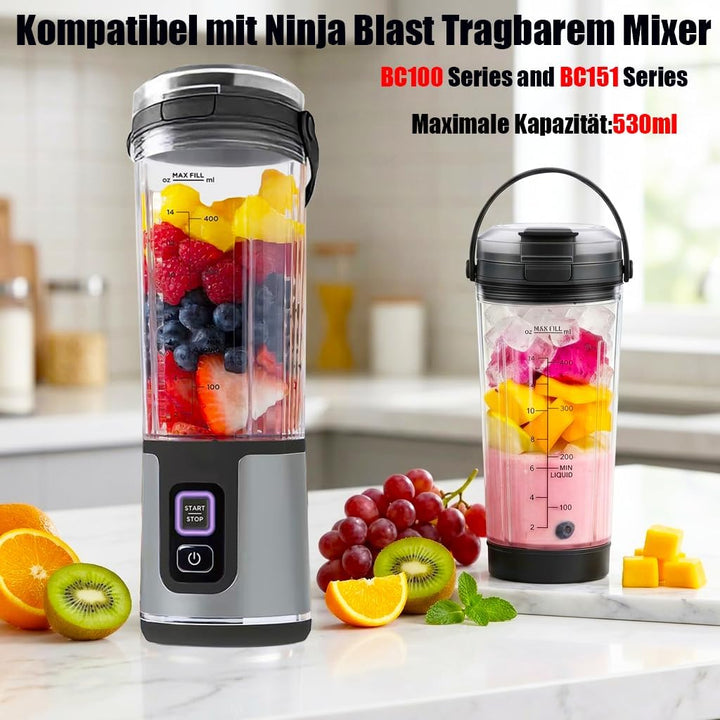 530ml Ersatzbecher kompatibel mit Ninja Mixer Tragbarer Mixer, Mixgefäss mit auslaufsicherem Deckel