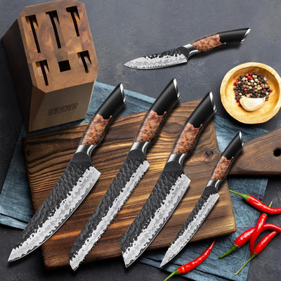 SHAN ZU Messerset 7 teilig, Japanisches Küchenmesser Set mit Block, 7 Schichten Hochwertigem Carbon