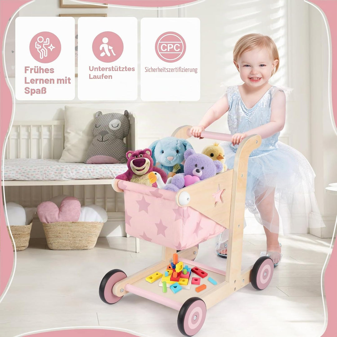 Asweets 2-in-1 Lauflernwagen Holz, Puppenwagen zum Schieben und Ziehen, Baby Walker, Kleinkindspielz