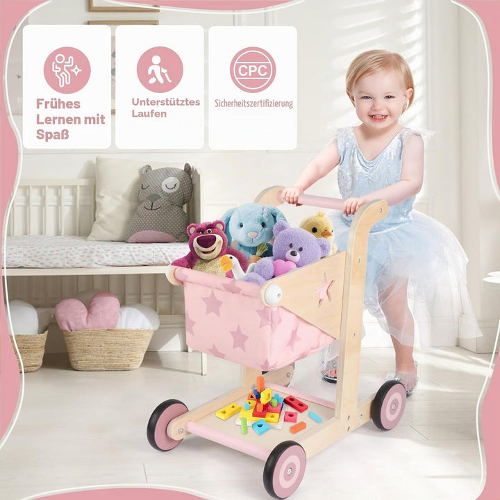 Asweets 2-in-1 Lauflernwagen Holz, Puppenwagen zum Schieben und Ziehen, Baby Walker, Kleinkindspielz
