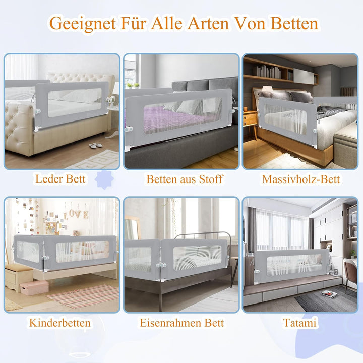 YUENFONG 150cm Bettgitter Bettschutzgitter Rausfallschutz für Kinder, Höhenverstellbar 72 bis 96cm K