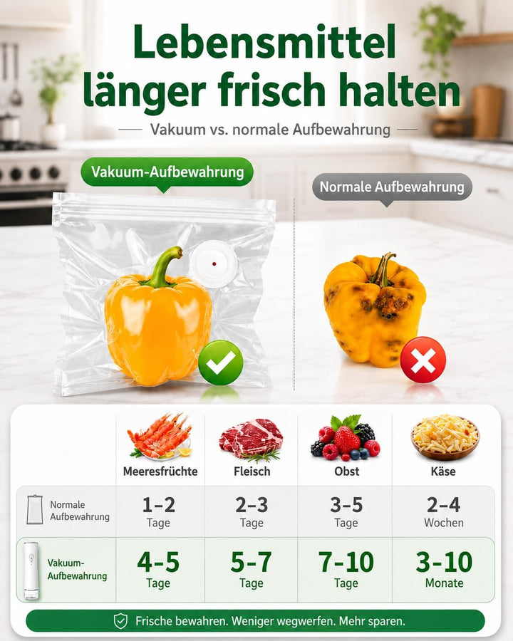 Vakuumiergerät für Lebensmittel, USB-aufladbarer Vakuumierer mit Flüssigkeitsbehälter, inkl. 30 wied