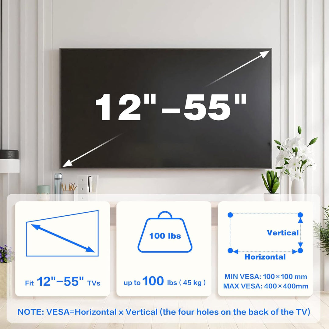 TV Wandhalterung für 12–55 Zoll Flach & Curved Fernseher oder Monitor bis zu 45kg, ohne Bohren, max.