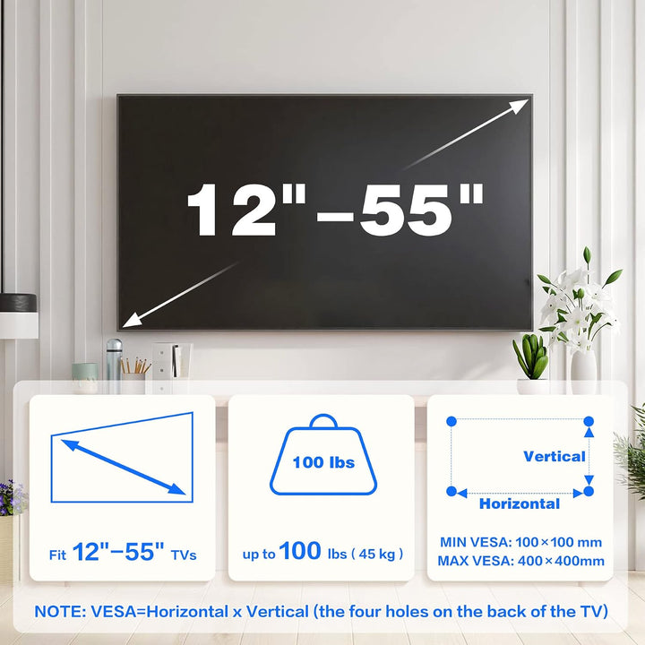 TV Wandhalterung für 12–55 Zoll Flach &amp; Curved Fernseher oder Monitor bis zu 45kg, ohne Bohren, max.
