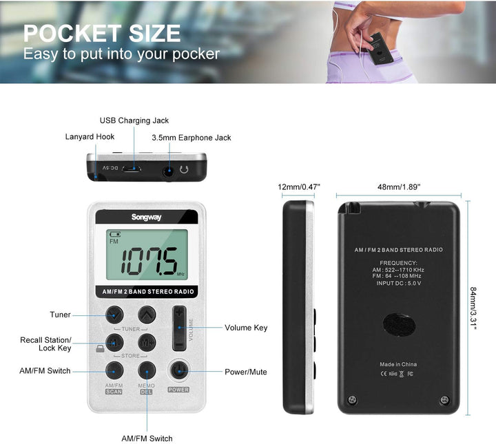Songway AM/FM-Taschenradio Stereo mit Kopfhörer-LCD-Display USB Wiederaufladbar Hervorragender DSP-E