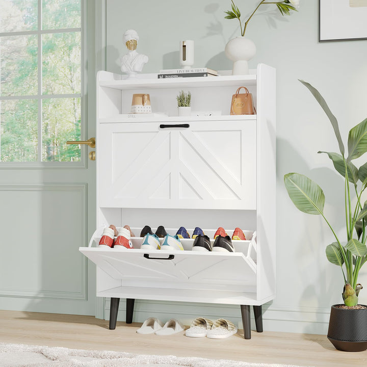 VOWNER Schuhschrank Schmal, Schuhkipper Schuhregal Schmal, mit 2 Klappen, mit Verstellbar und Abnehm