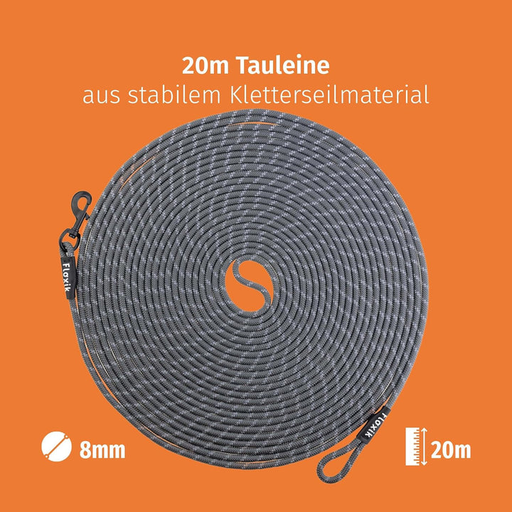 Floxik Schleppleine für Hunde | 5m, 10m, 15m, 20m grau | reflektierende Tauleine mit Abnehmbarer Han