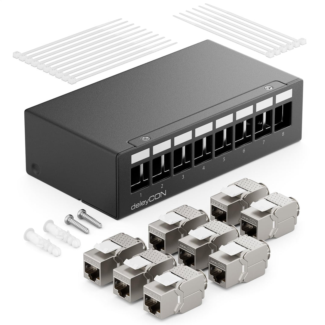 deleyCON 8 Port Patchpanel Set Patchfeld Verteilerfeld 1 HE + 8x RJ45 Keystone Jack Modul STP CAT6a