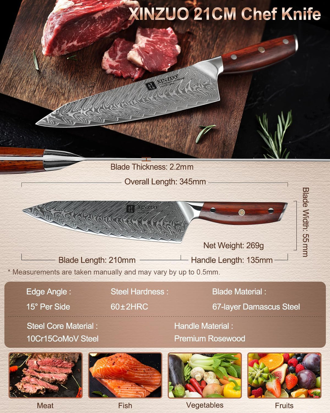 XINZUO Damaststahl Kochmesser, 21cm Kiritsuke Chefmesser Profi geschmiedet Kochmesser, Scharfe Kling