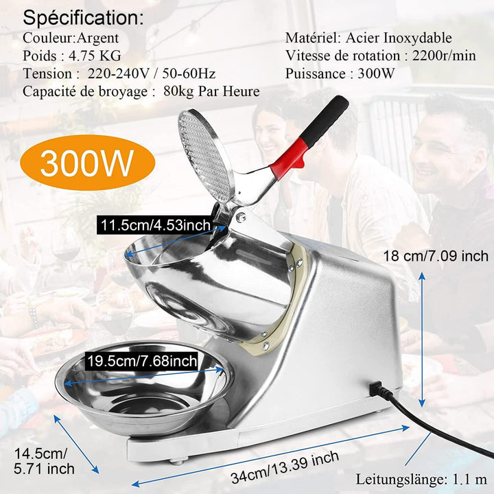 Elektrischer Eiszerkleinerer, 300 W, 220 V-240 V, Edelstahl, mit Doppelmesser, Schnee-Cone-Maker für
