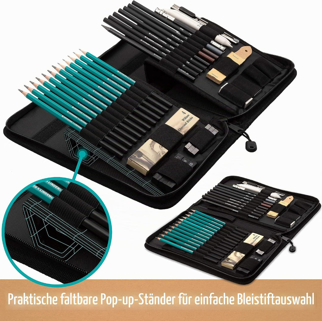 XXL Zeichenset – Skizzierstifte Set & Zeichenkohle Set – Zeichenblock zum Zeichnen & Skizzieren, 100