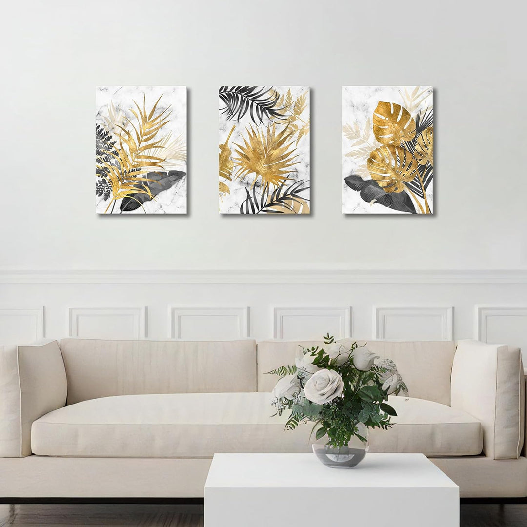 3 Teilig Leinwandbilder Bilder mit Rahmen Abstrakt Grau Gold Blätter bild auf leinwand Wandkunst Mod