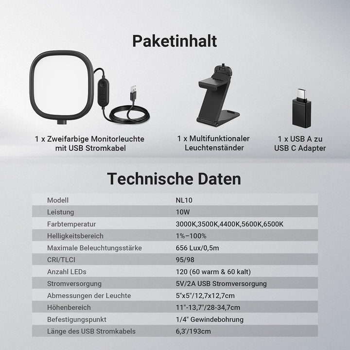 NEEWER Basics 5" Monitor Licht, Zoom Beleuchtung für Videokonferenz, NL10 NL10 (1er Pack), NL10 (1er