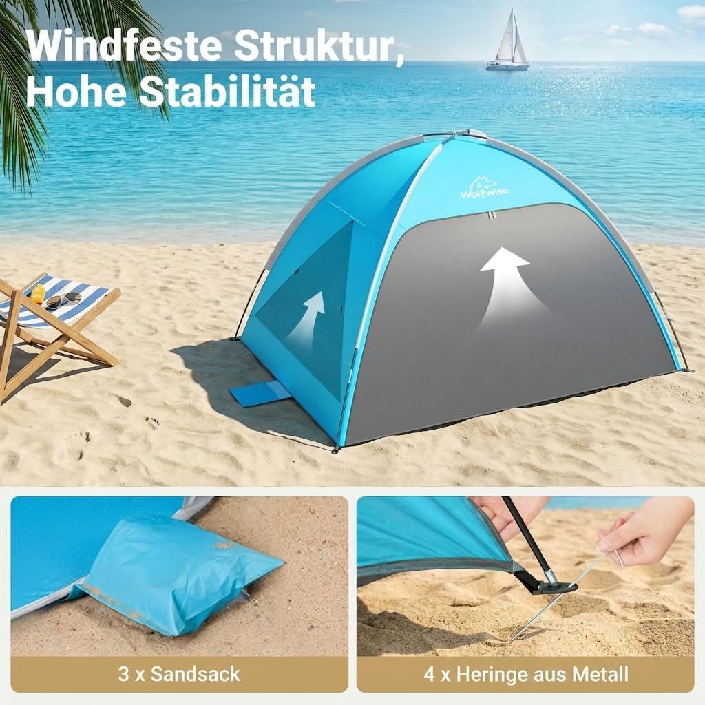 Wolfwise Strandmuschel UV Schutz, 3 Belüftungsfenster & Tragetasche, Strand Zelt mit erweiterbarem B