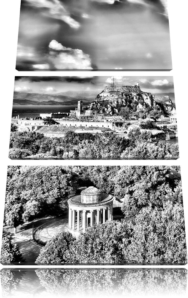Pixxprint Monocrome, Griechische Entspannungsoase 3-Teiler Leinwandbild 120x80 Bild auf Leinwand