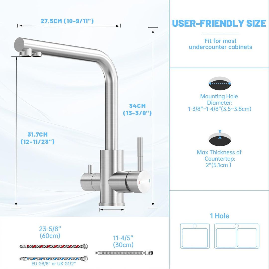 DAYONE 3 Wege Wasserhahn Küche, 3 in 1 Mischbatterie für Wasserfilter, 360° Drehbar Küchenarmatur, T