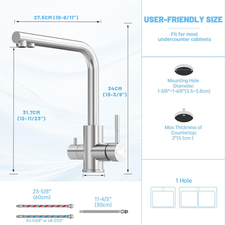 DAYONE 3 Wege Wasserhahn Küche, 3 in 1 Mischbatterie für Wasserfilter, 360° Drehbar Küchenarmatur, T