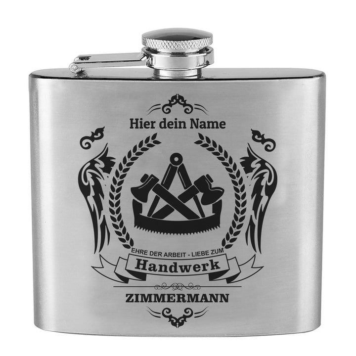Generic Flachmann mit Wunschgravur, Zunft, Zimmermann, Original Edelstahl personalisiert, Zunftsymbo