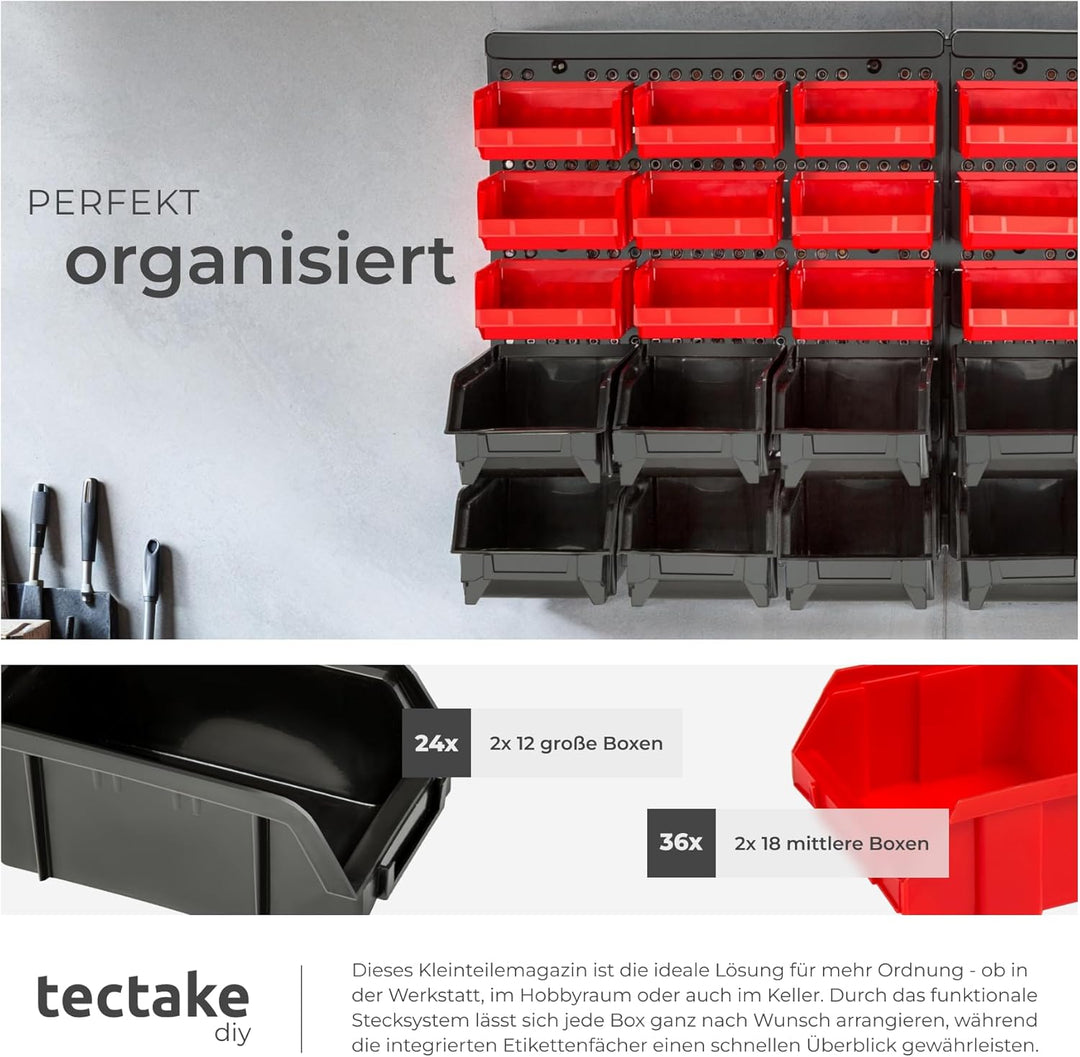tectake® Werkstatt Wandregal, 62teilig, Stapelboxen, Kleinteilemagazin, Werkzeugwand, Schubladenbox,