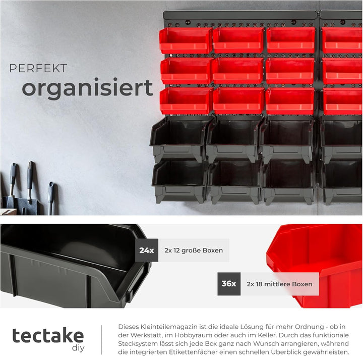 tectake® Werkstatt Wandregal, 62teilig, Stapelboxen, Kleinteilemagazin, Werkzeugwand, Schubladenbox,