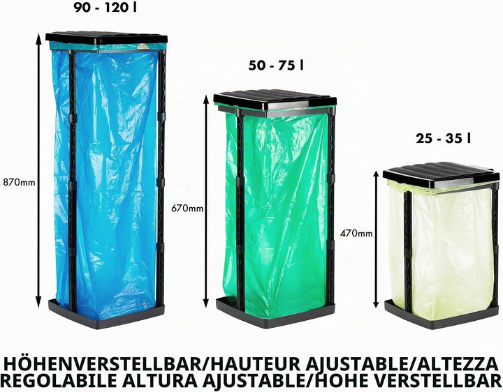 Grizzly Müllsackständer, Mülltütenhalter bis 120L, 3er Set, Schwarze Deckel, höhenverstellbar, geruc