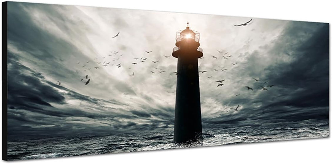 Paul Sinus Art Panoramabild auf Leinwand und Keilrahmen 150x50cm Meer Sturm Wellen Leuchtturm Vögel
