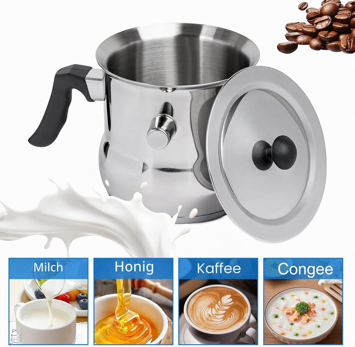 Milchtopf, Doppelwandiger Milchtopf aus Edelstahl, 2 Liter Milchtopfs mit Deckel und Rutschfester Ku