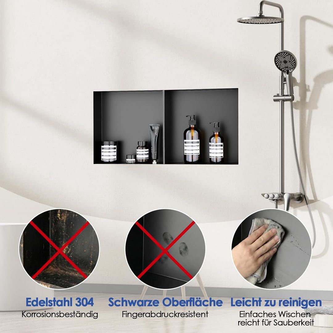 Wandnische Dusche, 600 x 300 x 101 mm OUGOO Edelstahl Duschnische Randlos Lagerung Doppelnische für