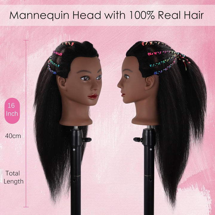 DiazySight schwarzer Mannequinkopf, Afro, 100 % Echthaar, gerader Styling-Kopf, Puppe für Mädchen zu