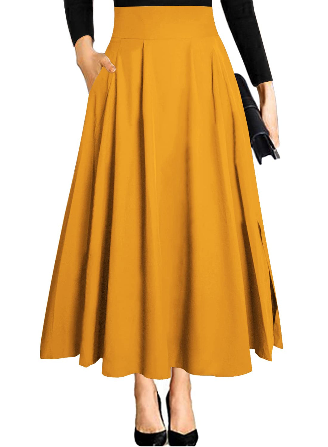 Damen High Waist Maxirock Taschen mit Seitenschlitz Langer A-Linie Rock M 0 Ingwer, L