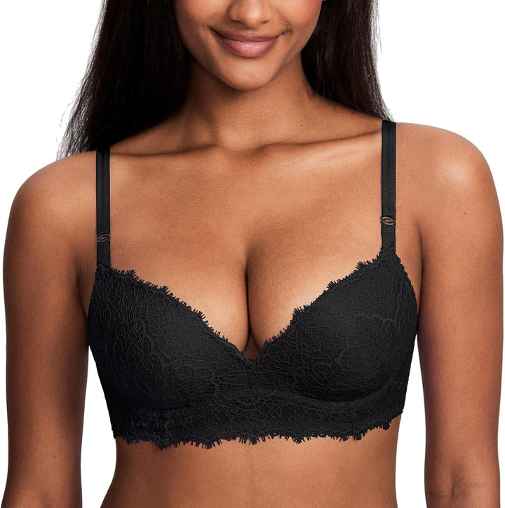 DOBREVA Damen Push Up BH ohne Bügel Soft Spitze Bügelloser BHS Sexy Bequem Gepolstert 70C Schwarz, 7