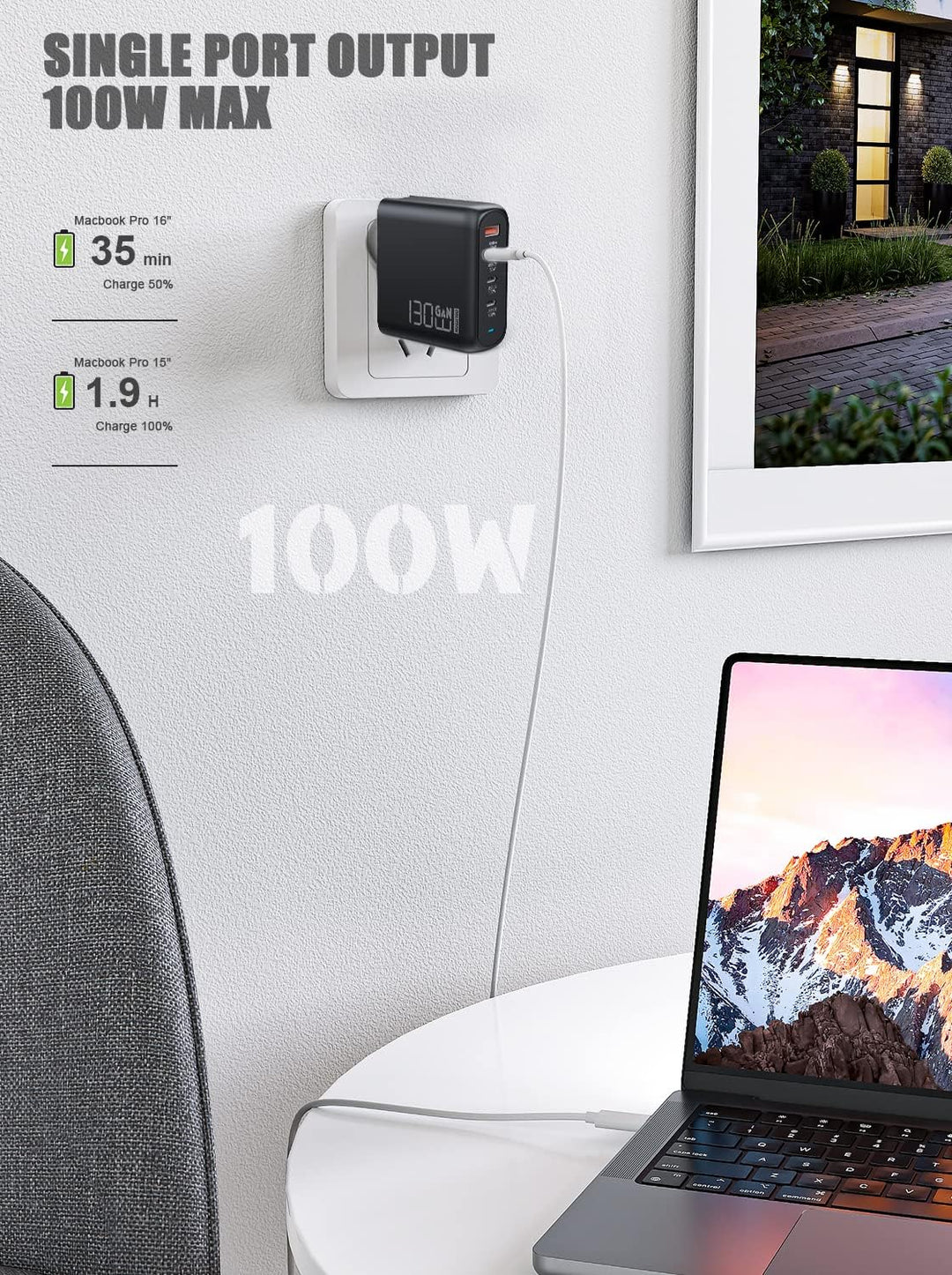130W USB C Ladegerät, Type C PD 100W+QC 30W PPS GaN Netzteil mit 100W Schnellladekabel 4-Port USB C
