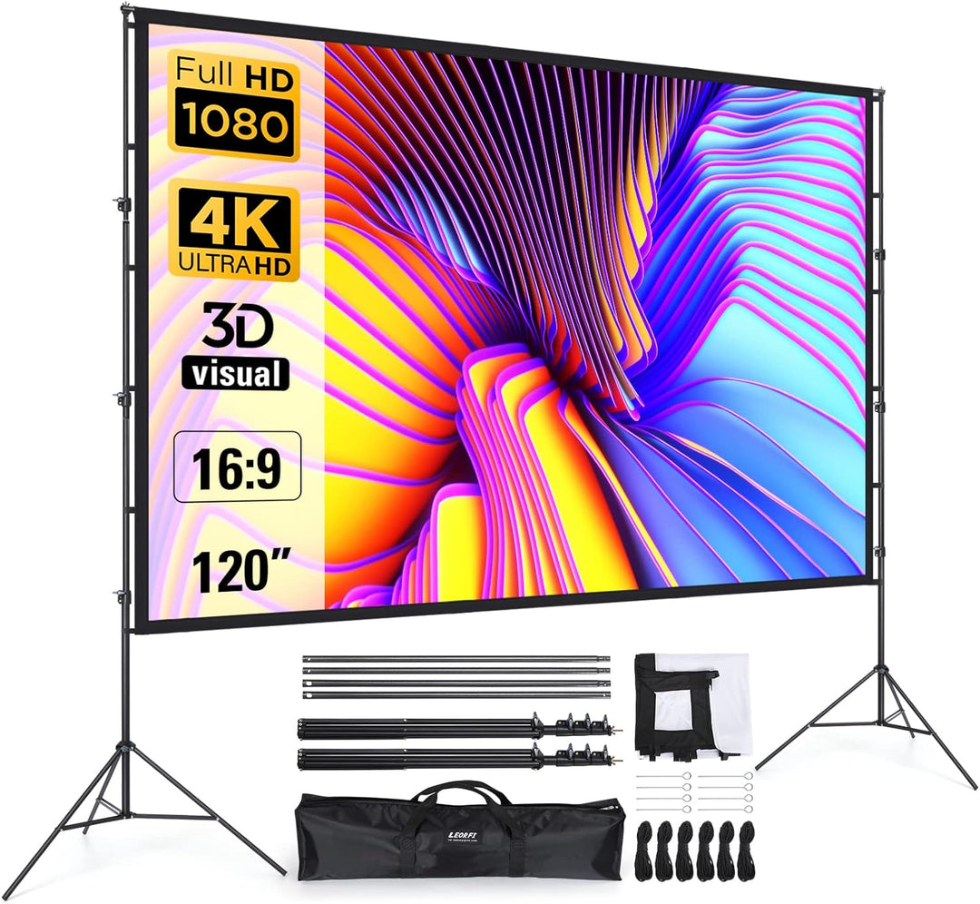 Beamer Leinwand 120 Zoll mit Faltbarem Standfuss, LEORFI Outdoor-Indoor Projektionswand HD 16:9, Tra