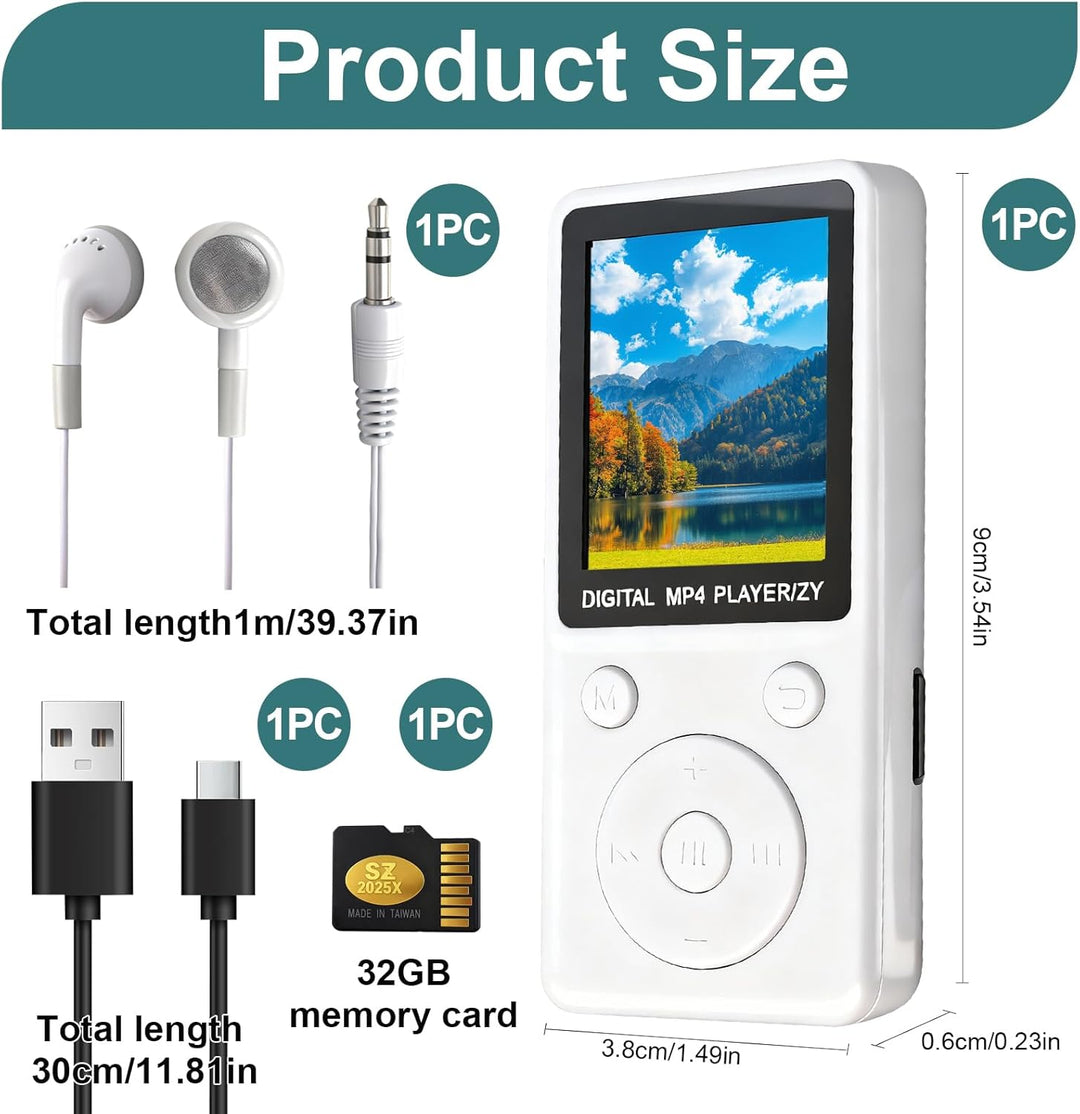 MP3 Player mit Bluetooth 5.2, 32GB Speicherkarte, 1,8 Zoll TFT Farbbildschirm, tragbarer Musikplayer