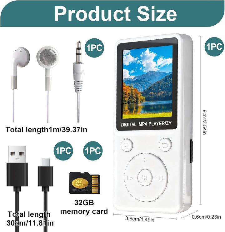 MP3 Player mit Bluetooth 5.2, 32GB Speicherkarte, 1,8 Zoll TFT Farbbildschirm, tragbarer Musikplayer