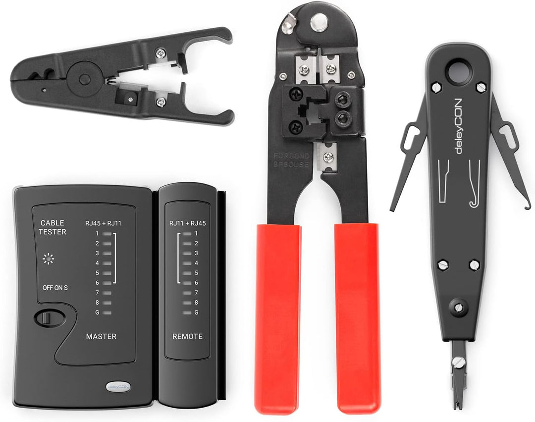 deleyCON Netzwerk Werkzeug Set 4-teilig mit Tasche LSA Auflegewerkzeug Abisolierzange Kabeltester Cr