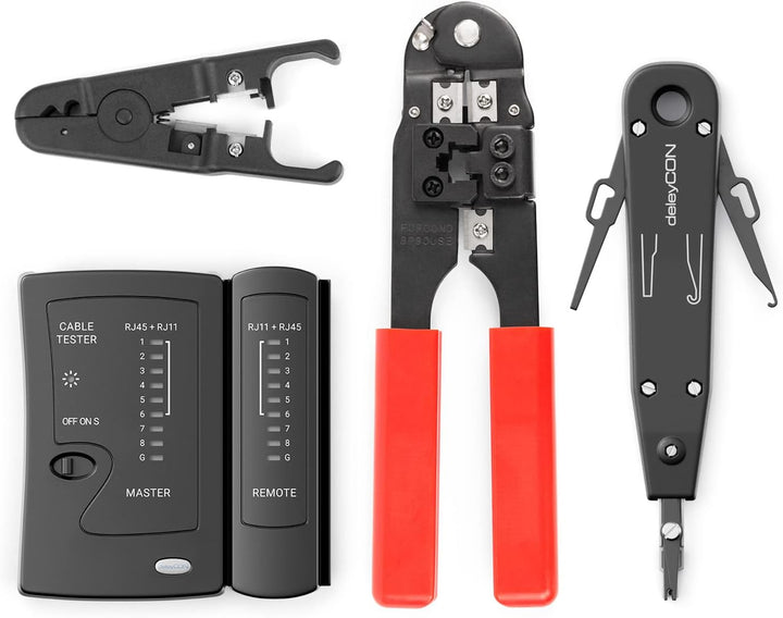 deleyCON Netzwerk Werkzeug Set 4-teilig mit Tasche LSA Auflegewerkzeug Abisolierzange Kabeltester Cr
