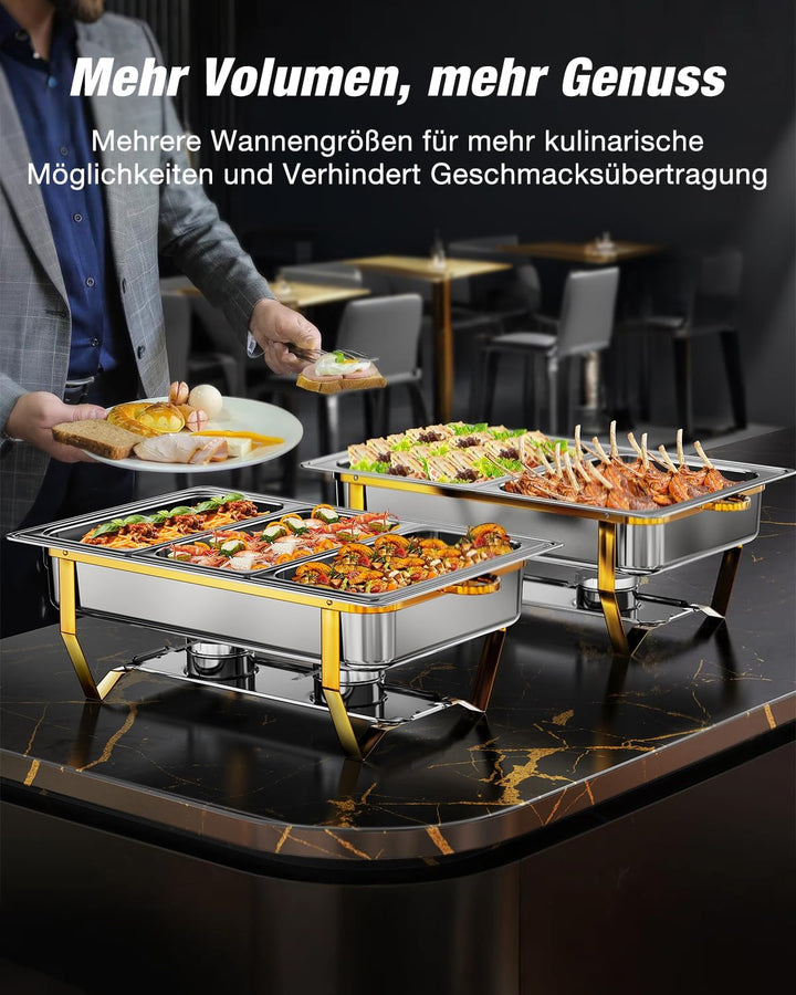 WARMOUNTS Silber & Gold Chafing Dish Buffet Set 9L, Edelstahl Speisenwärmer für Catering, Hochglanzp