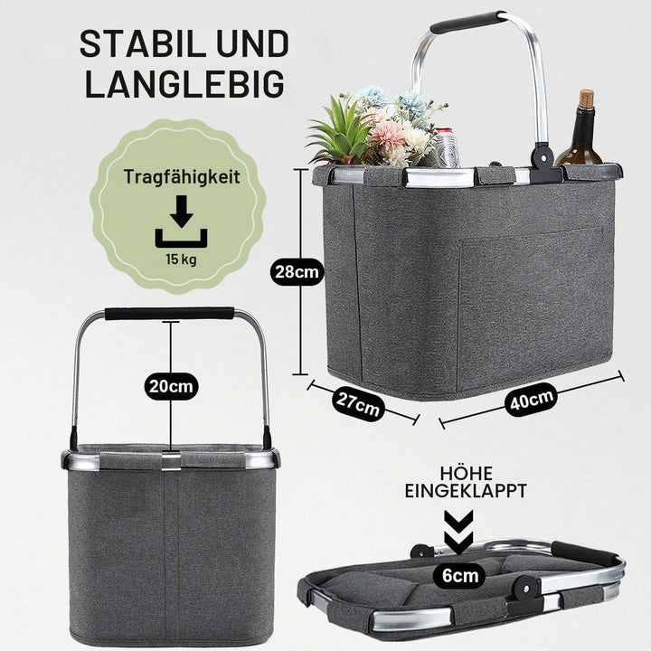 30L Einkaufskorb Faltbar Stabil Gross Tragekorb Picknickkorb Klappkorb Einkaufstasche mit Aluminiumg
