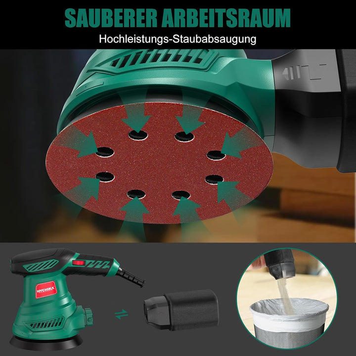 Exzenterschleifer, HYCHIKA 300W Schleifmaschine, 6 Gänge, mit 12 pcs Schleifpapier (Körnung 80/120/2