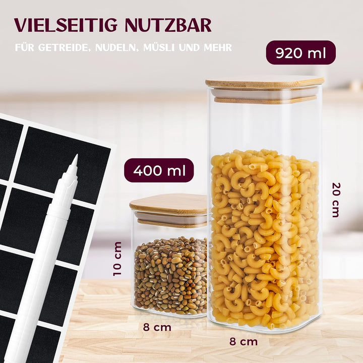 Premium Vorratsgläser eckig [400 & 920 ml] Extra Robust | Vorratsdosen Glas mit Deckel | Vorratsbehä