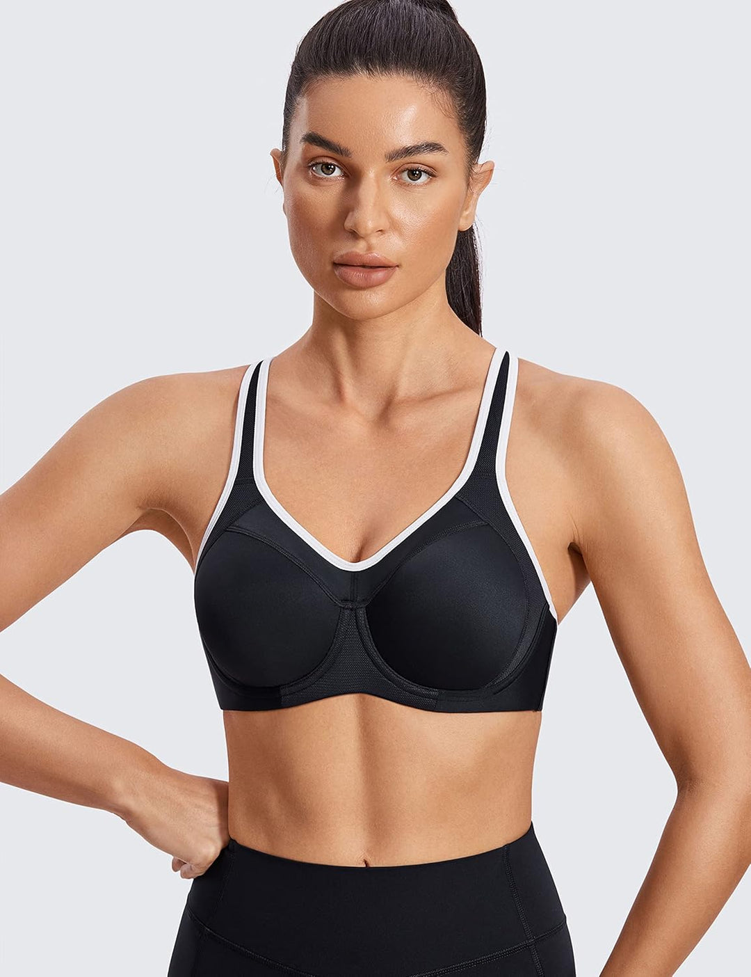 SYROKAN Damen Sport BH Starker Halt- Bügel Push Up Ringerrücken Gepolstert Fitness BH 70D Schwarz, 7