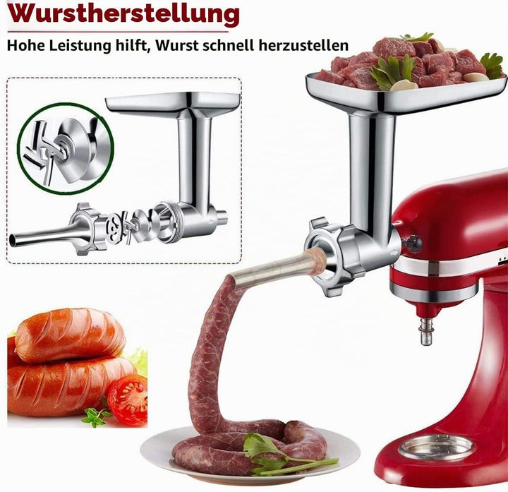 Fleischwolf Aufsatz für Kitchenaid Standmixer Inklusive 3 Wurstfüllhörner 2 Schleifklingen 4 Mahlsch