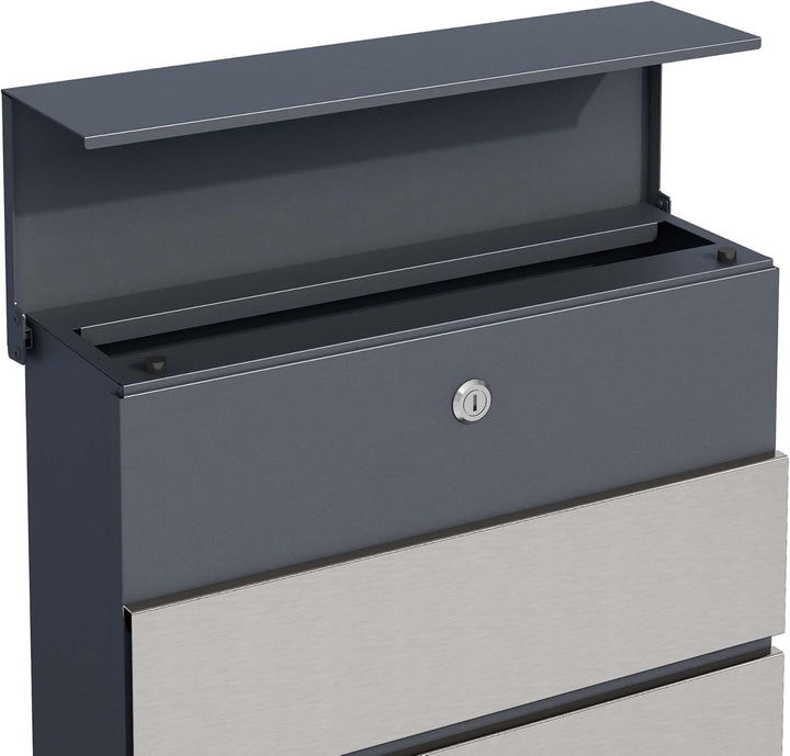 Briefkasten V64 Anthrazit und Edelstahl 410 x 130 x 370 mm, Wandbriefkasten mit Schloss, Soft Close