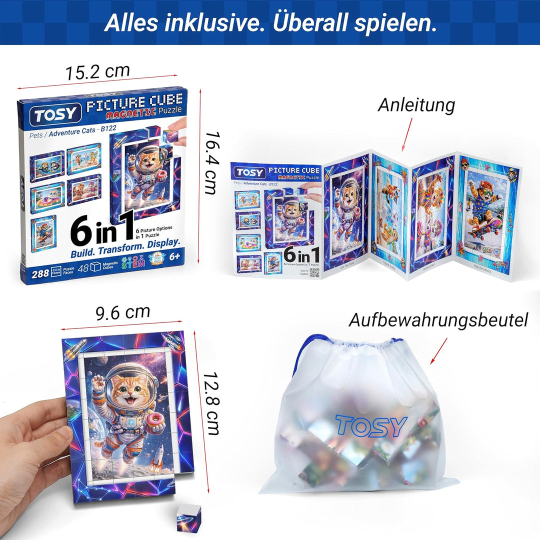 TOSY Picture Cube Adventure Cats: 6-in-1 magnetisches Bilderpuzzle, 48 Blöcke, 288 Flächen/Magnete,