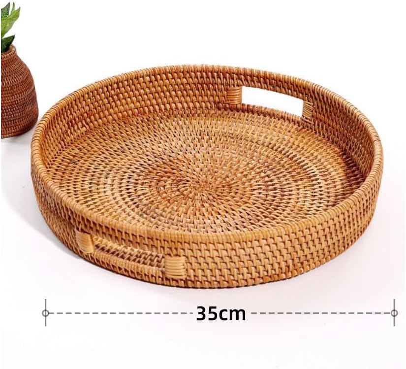 Rundes Rattan Serviertablett mit Ausgeschnittenen Griffen, Handgeflochtenes Dekoratives Tablett, Vie