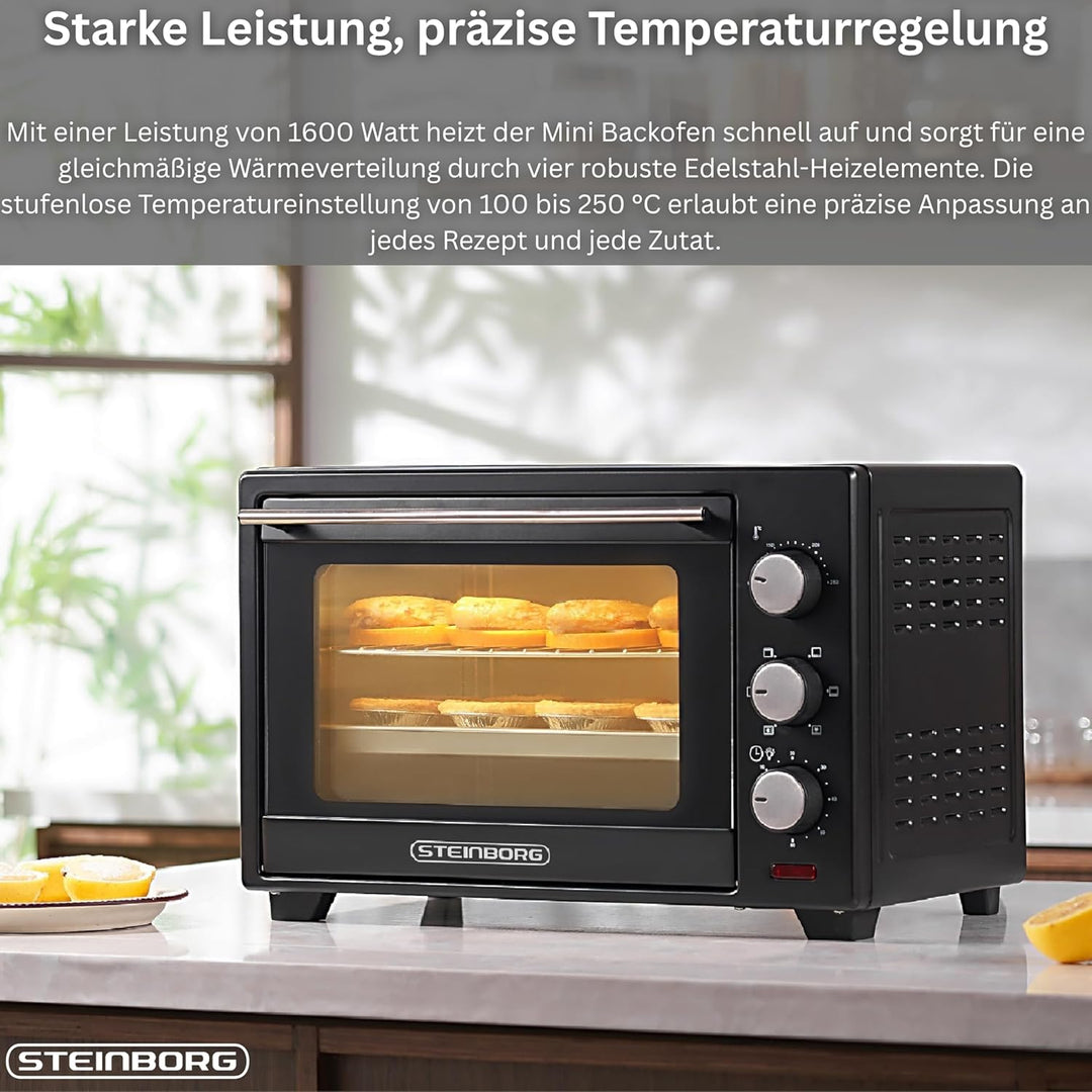 Steinborg® 25 Liter Mini Backofen mit Umluft Pizza Ofen inkl. Backblech und Grillrost Miniofen 60 Mi